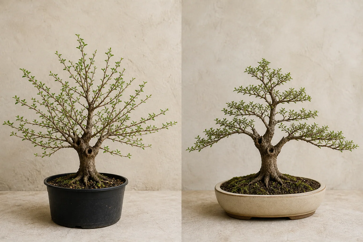 AI demonstration comparing fine-branched deciduous source material with a Broom bonsai concept