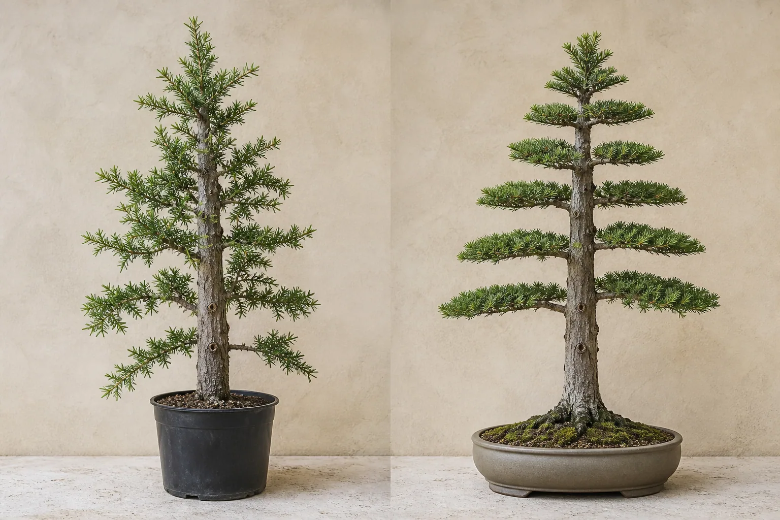 AI demonstration comparing upright conifer source material with a Formal Upright bonsai concept