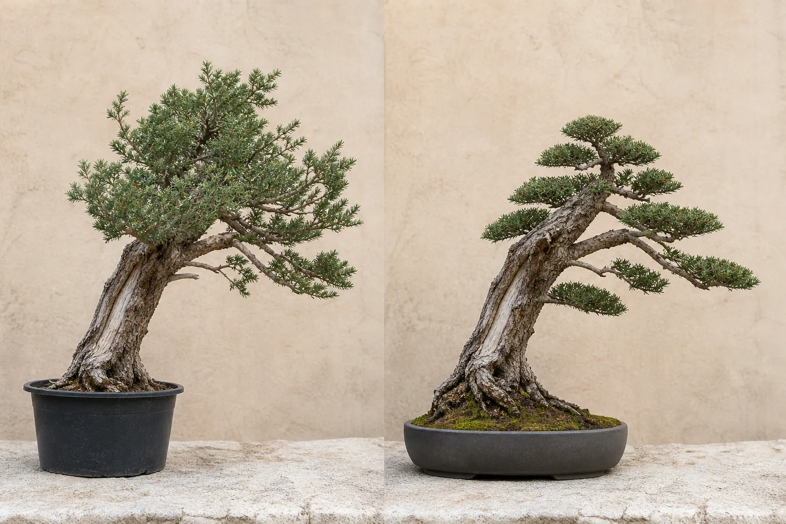 AI demonstration comparing directional conifer source material with a Windswept bonsai concept